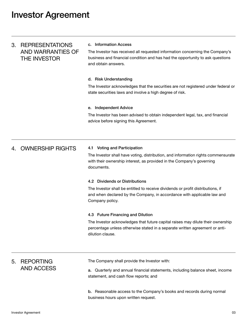 Investor Agreement template detailing investment terms, ownership rights and share transfer conditions