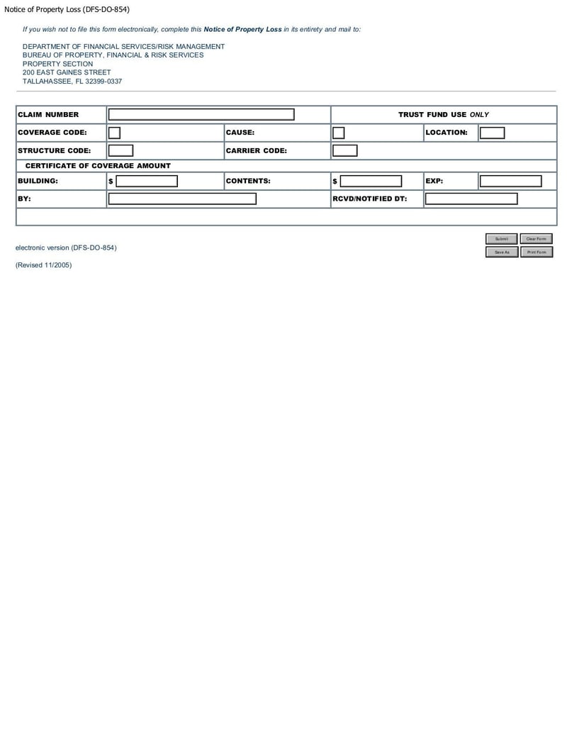 Large thumbnail of Notice of Property Loss (DFS-DO-854) - Jun 2013