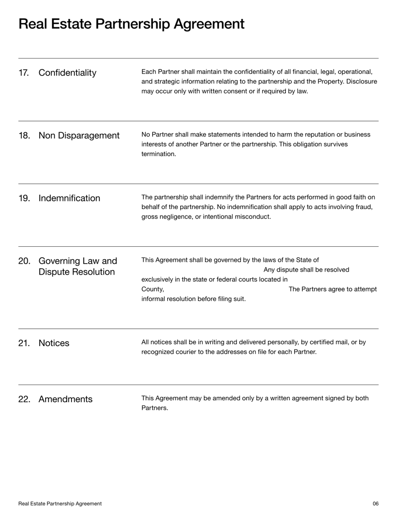 Real Estate Partnership Agreement covering contributions, ownership, management duties and partner rights