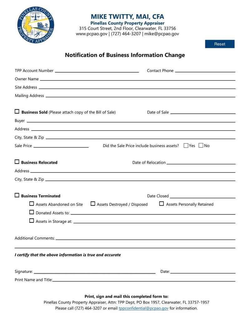 Large thumbnail of Pinellas County Notification of Business Information Change