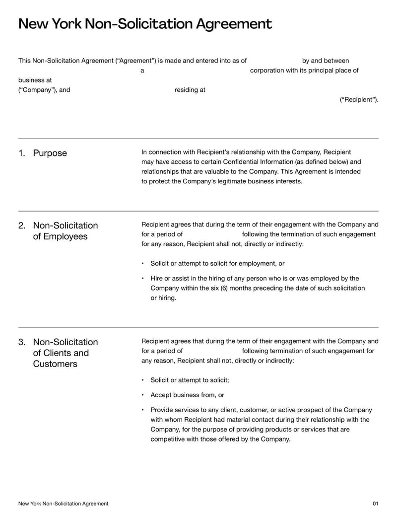 Non-Solicitation Agreement New York for preventing the solicitation of employees or clients under New York legal guidelines