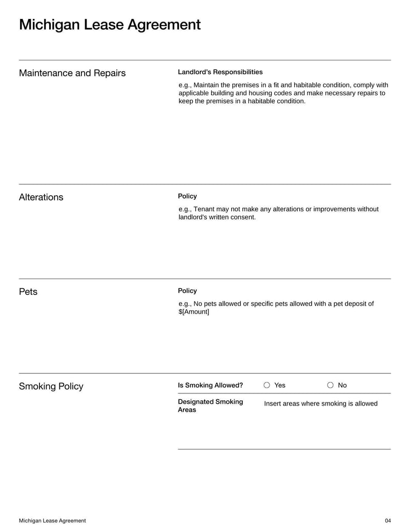Michigan Lease Agreement for rental terms in Michigan