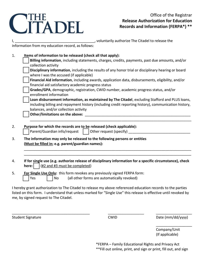 Large thumbnail of The Citadel Release Authorization for Education Records and Information (FERPA)