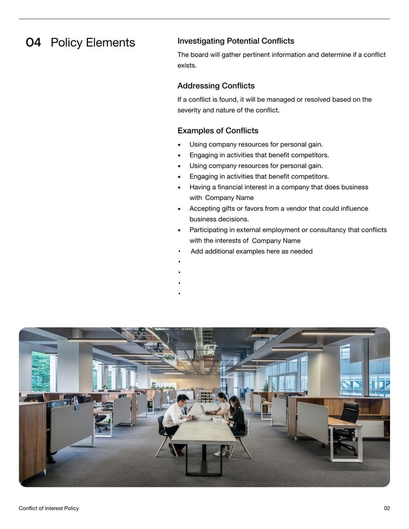 Conflict of Interest Policy defining situations constituting conflicts of interest and resolution procedures