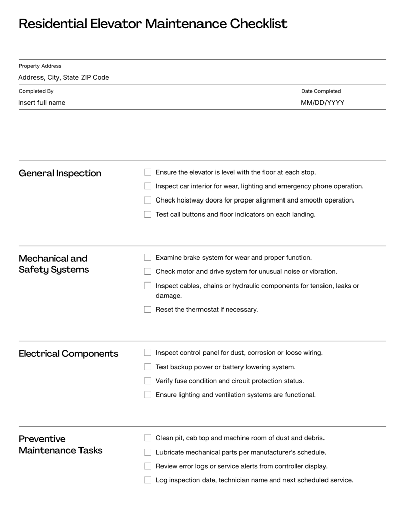 Residential Elevator Maintenance Checklist with sections for mechanical, electrical and safety inspections