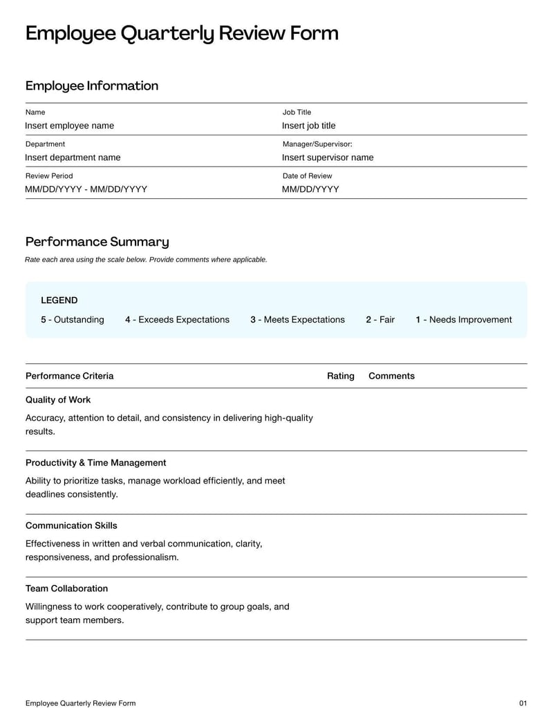 Employee Quarterly Review Form for evaluating performance over a three-month period
