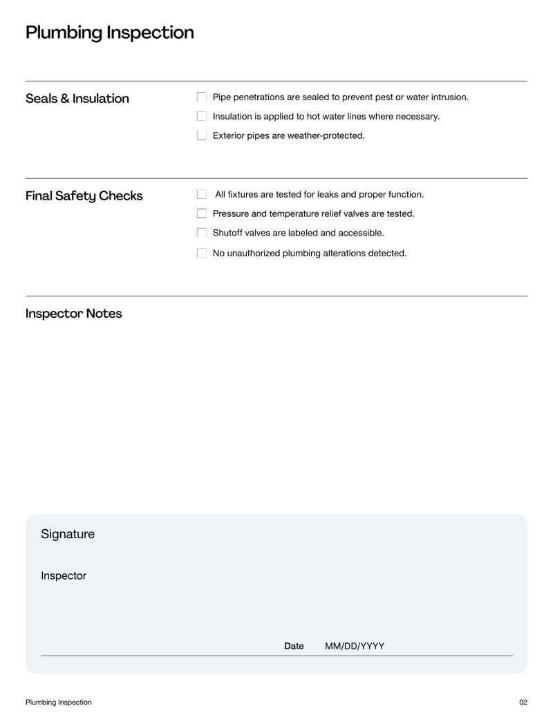 Plumbing Inspection checklist detailing water supply, drainage, fixture installation and system safety points