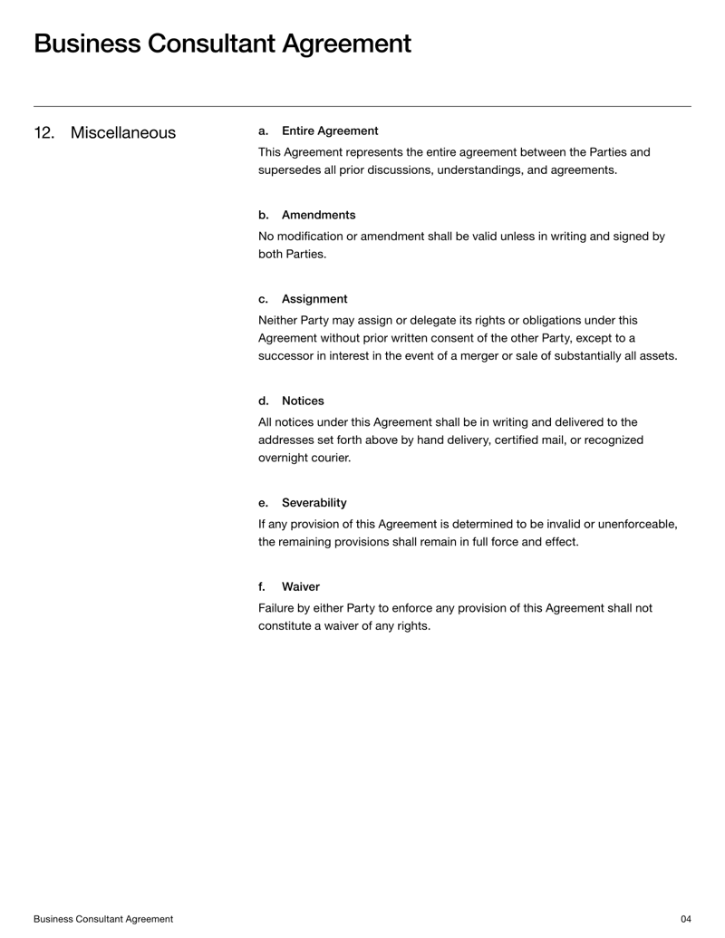 Business Consultant Agreement covering services, payment terms, confidentiality, intellectual property and termination