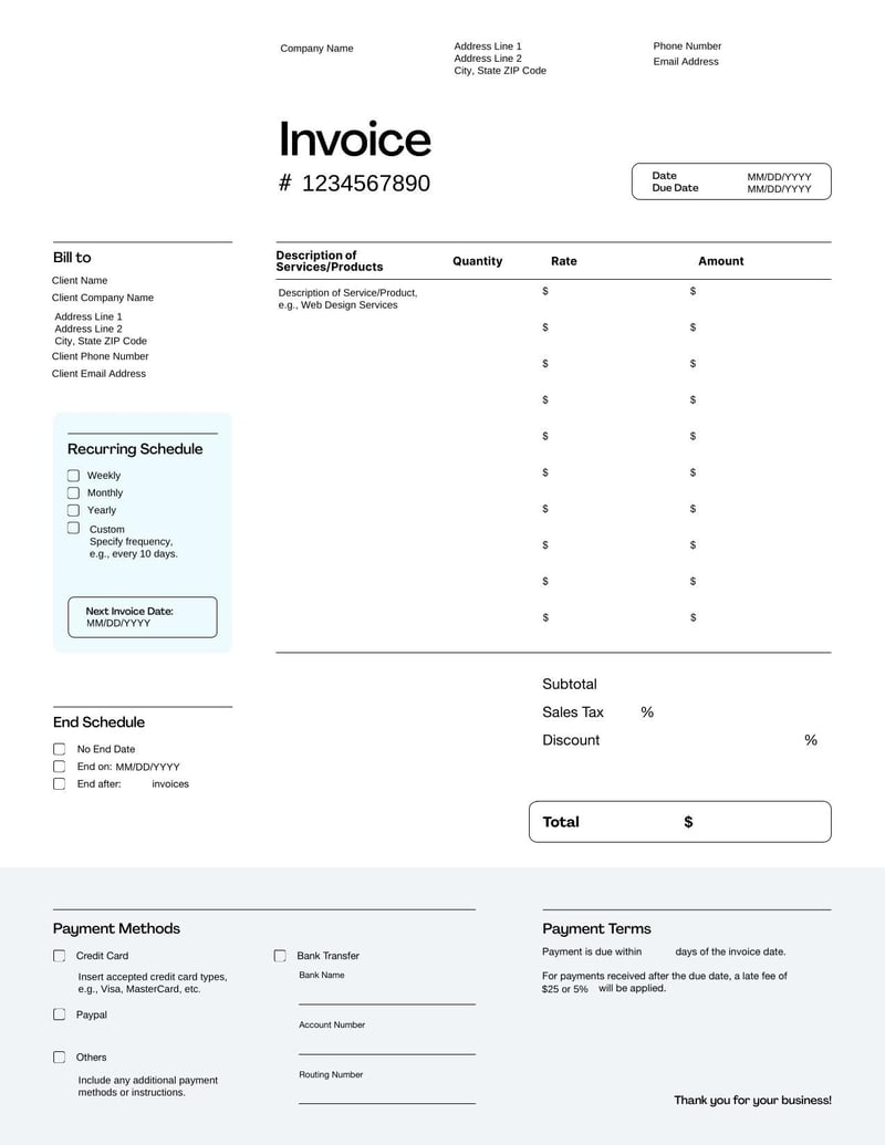 Recurring Invoice for automatically billing clients on a regular schedule for ongoing services