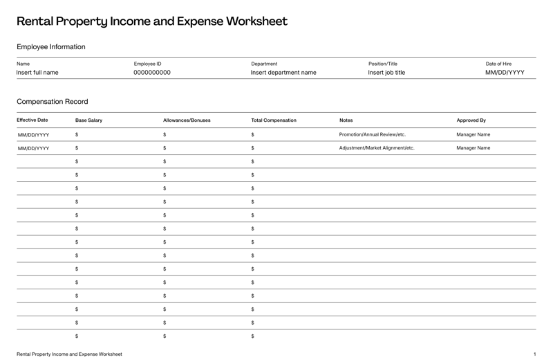 Compensation History Template with sections for employee information, salary changes and approval details