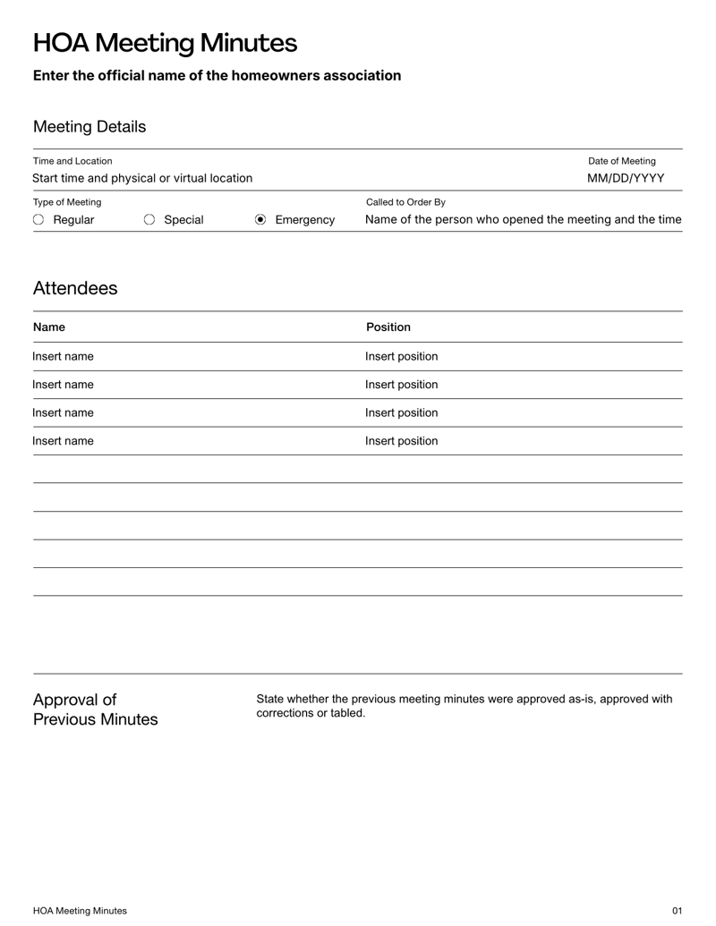HOA Meeting Minutes Template with sections for meeting date, attendees, motions and action items