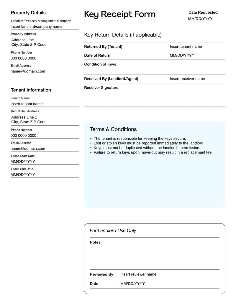 Key Receipt Form documenting key issuance, recipient details, return conditions, and security deposit requirements