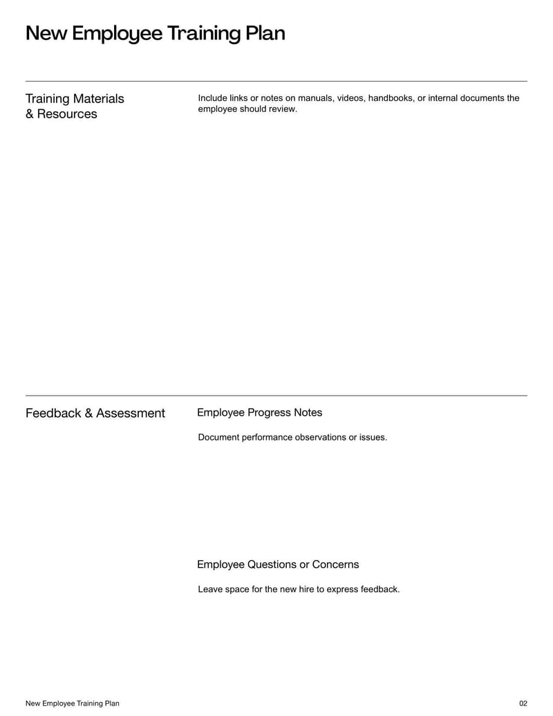 New Employee Training Plan for guiding new hires through onboarding