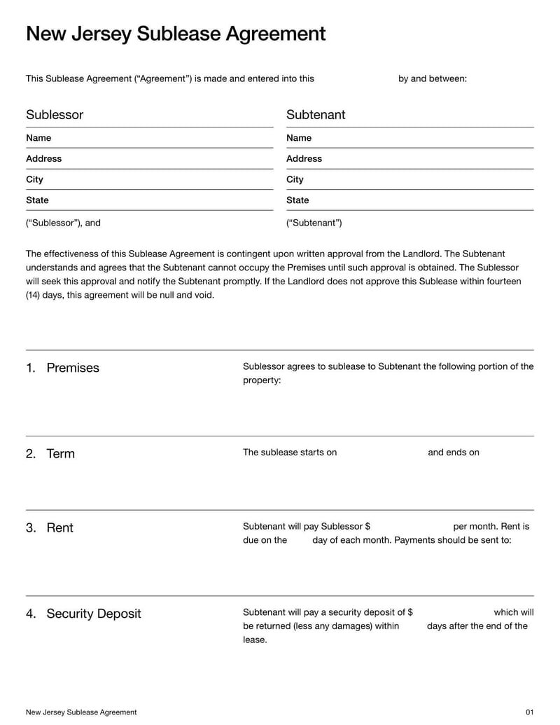 Sublease Agreement New Jersey for subletting property in New Jersey
