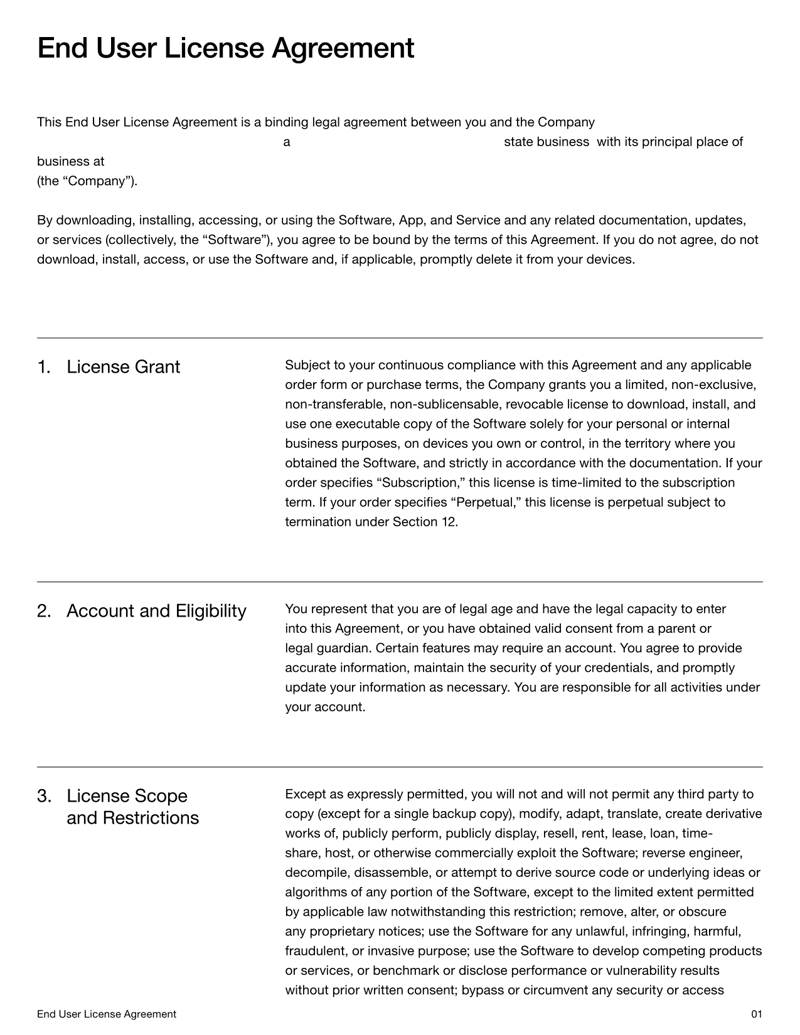 End User License Agreement setting software license terms, user rights and compliance obligations