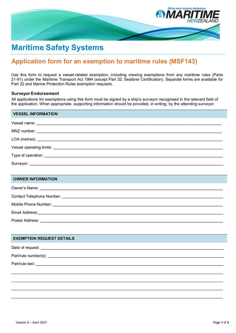 Thumbnail of Exemption Form Maritime Rules - Apr 2021 - page 0