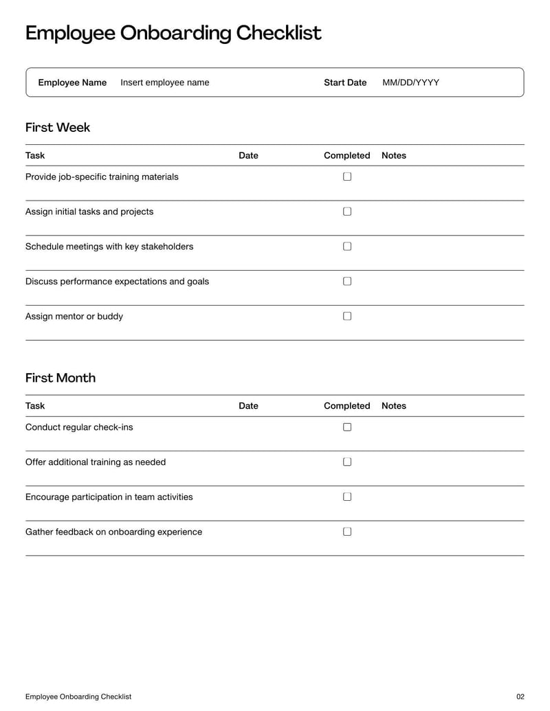 Employee Onboarding Checklist detailing steps to integrate new hires, including orientation and training