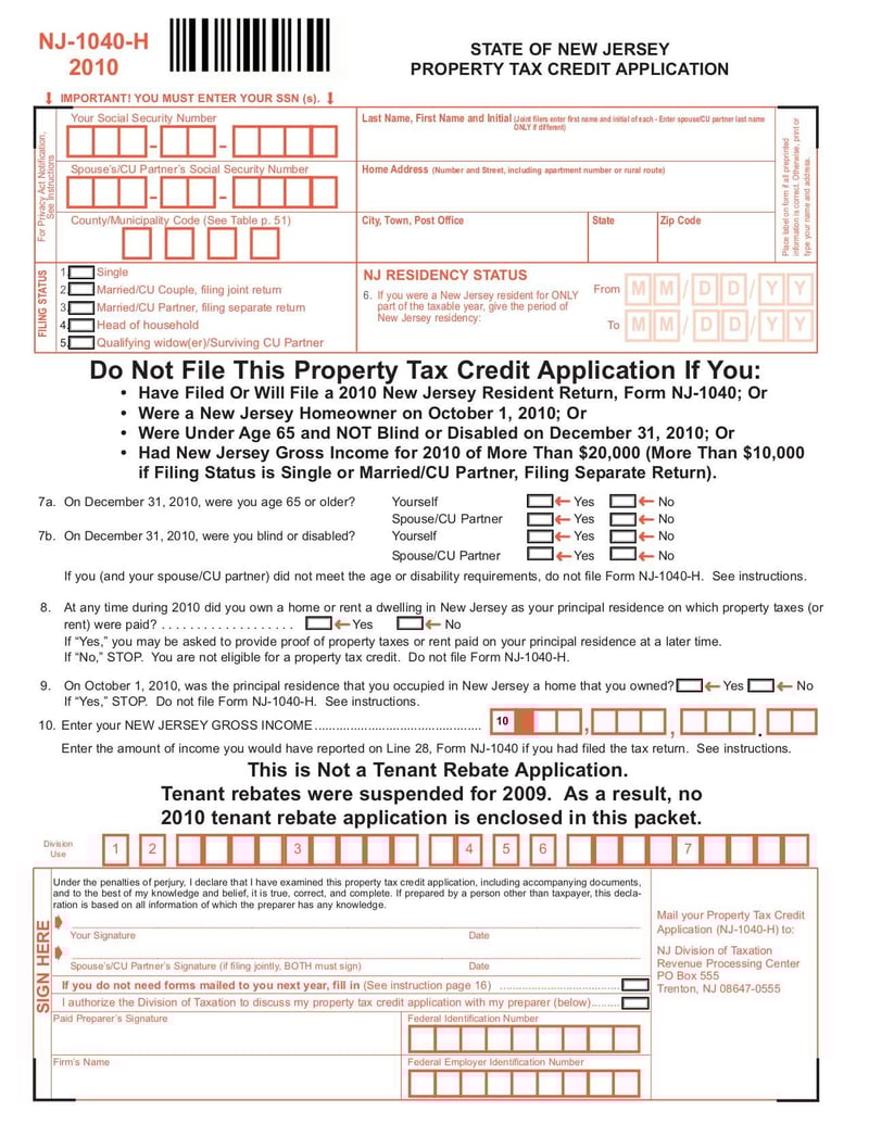 Large thumbnail of NJ-1040-H - Property Tax Credit Application - Dec 2010