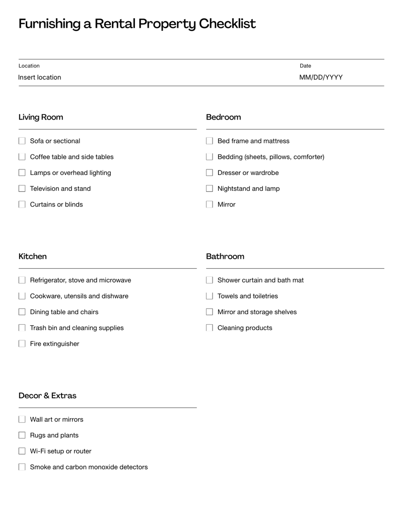 Furnishing a Rental Property Checklist with sections for living room, bedroom, kitchen, bathroom and decorative extras
