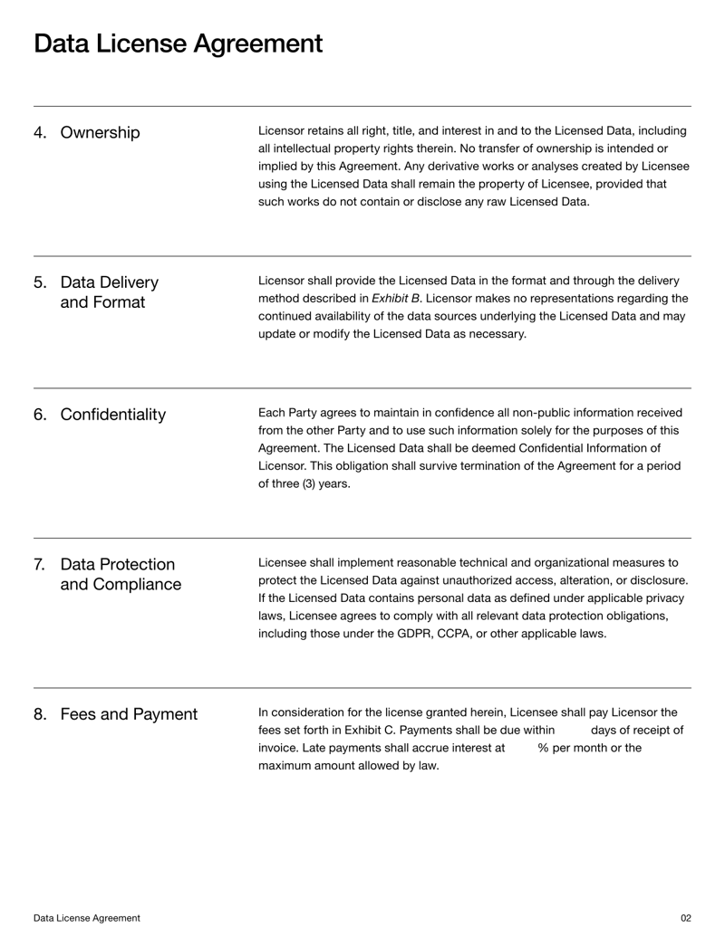 Data License Agreement Template defining data usage terms, confidentiality and compliance obligations

