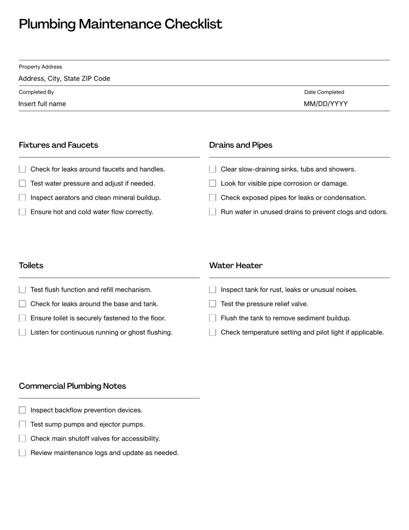 Plumbing Maintenance Checklist with tasks for fixtures, drains, toilets and water heaters