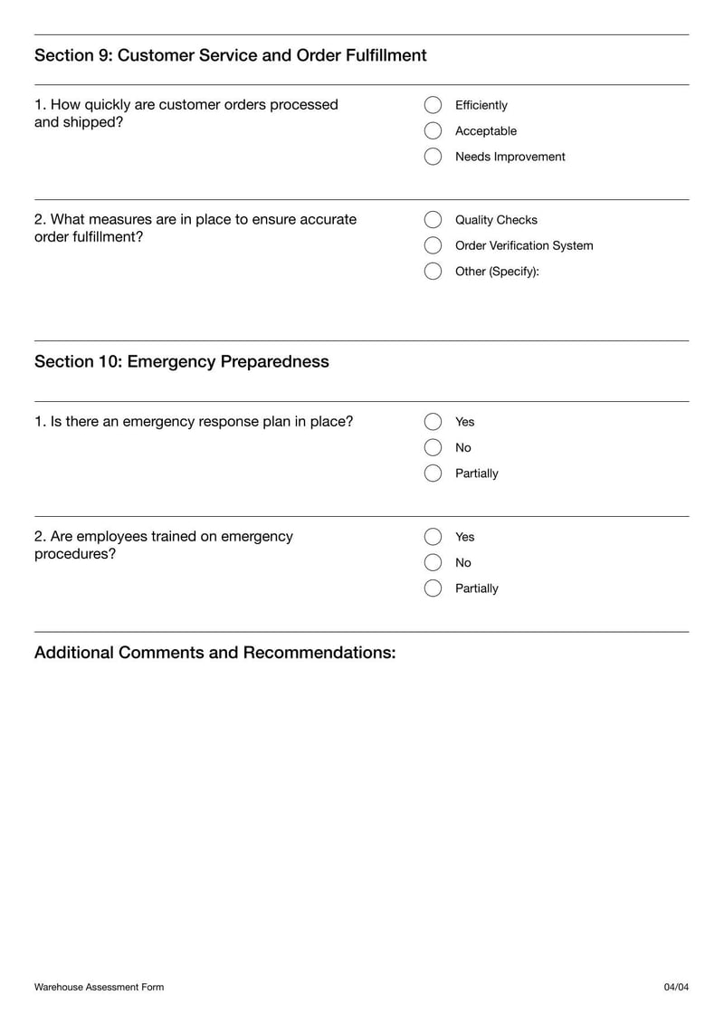 Warehouse Assessment Form evaluating storage facility conditions, including safety and inventory management