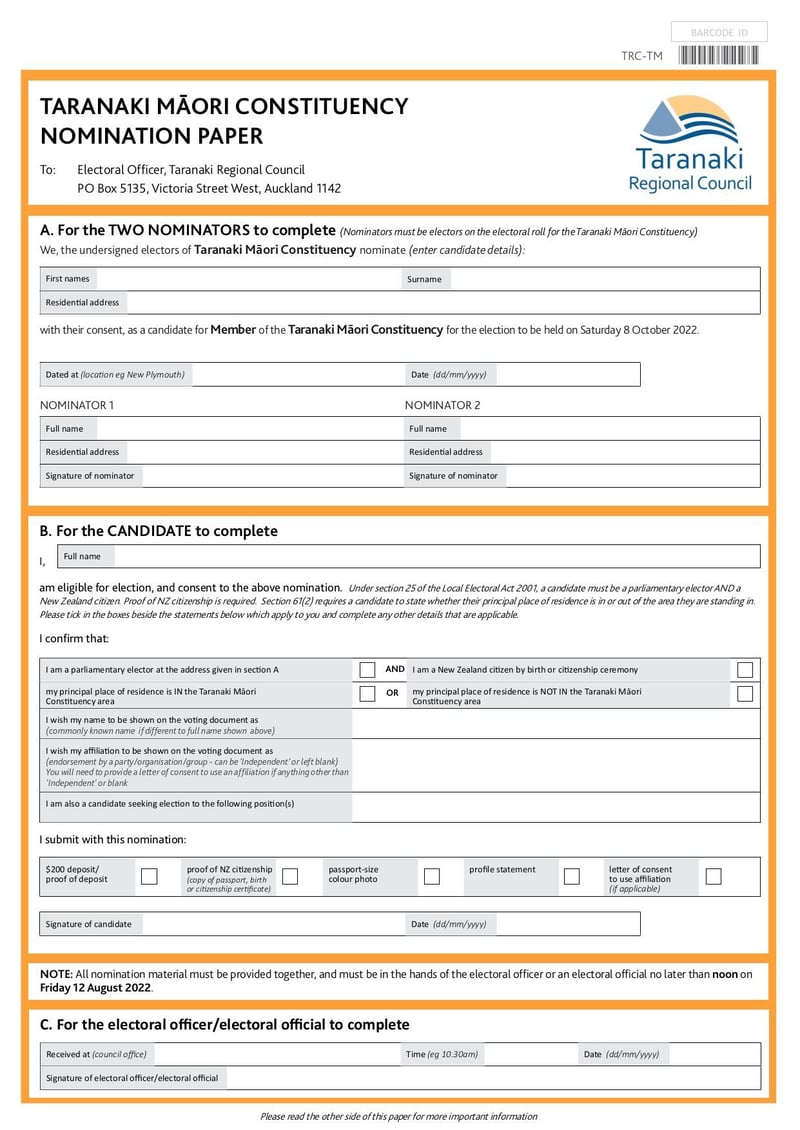 Large thumbnail of Taranaki Regional Council Taranaki Maori Constituency Nomination Paper - Dec 2022