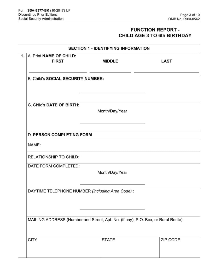 Large thumbnail of Form SSA-3377-BK Function Report - Child Age 3 to 6th Birthday - Feb 2022