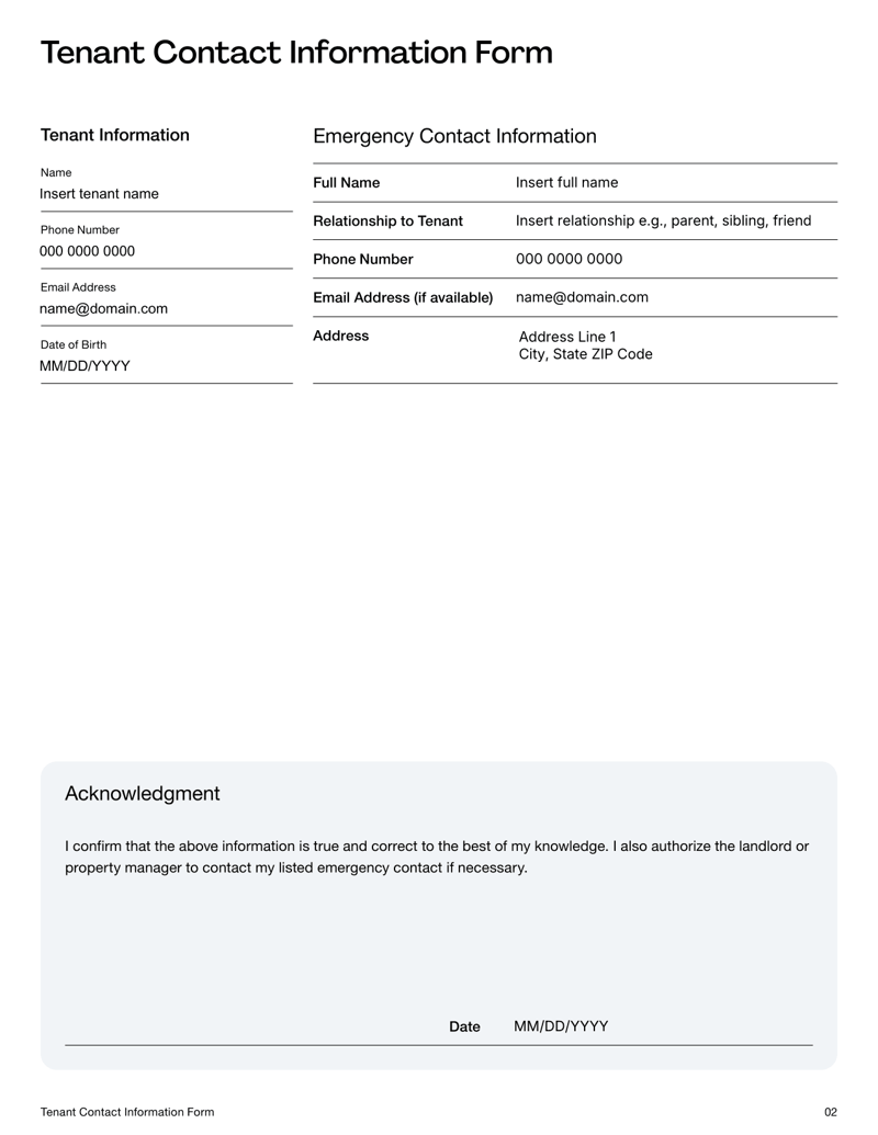 Tenant Contact Information Form with fields for contact details, employment information and emergency contact