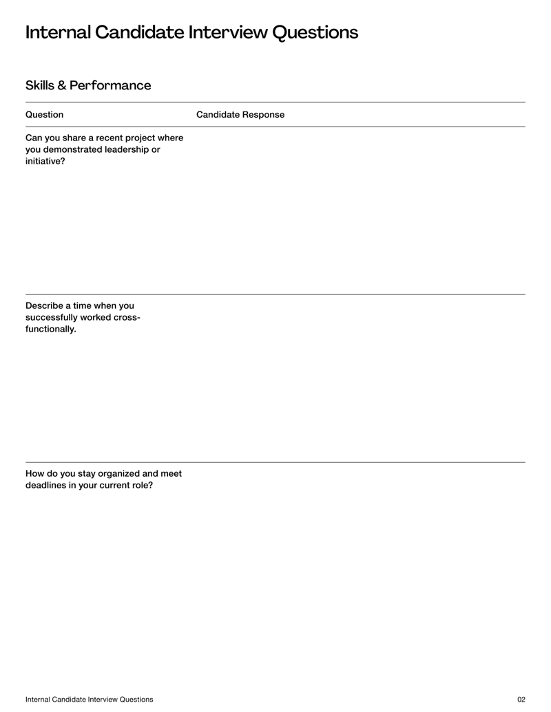 Internal Candidate Interview Questions form with interview sections, candidate and job details and structured evaluation fields