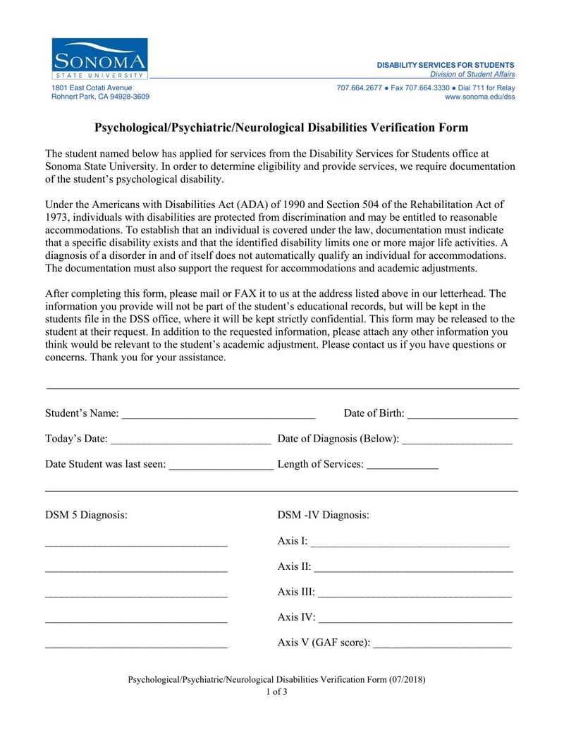 Large thumbnail of Sonoma State University Psychological/Psychiatric/Neurological Disabilities Verification Form