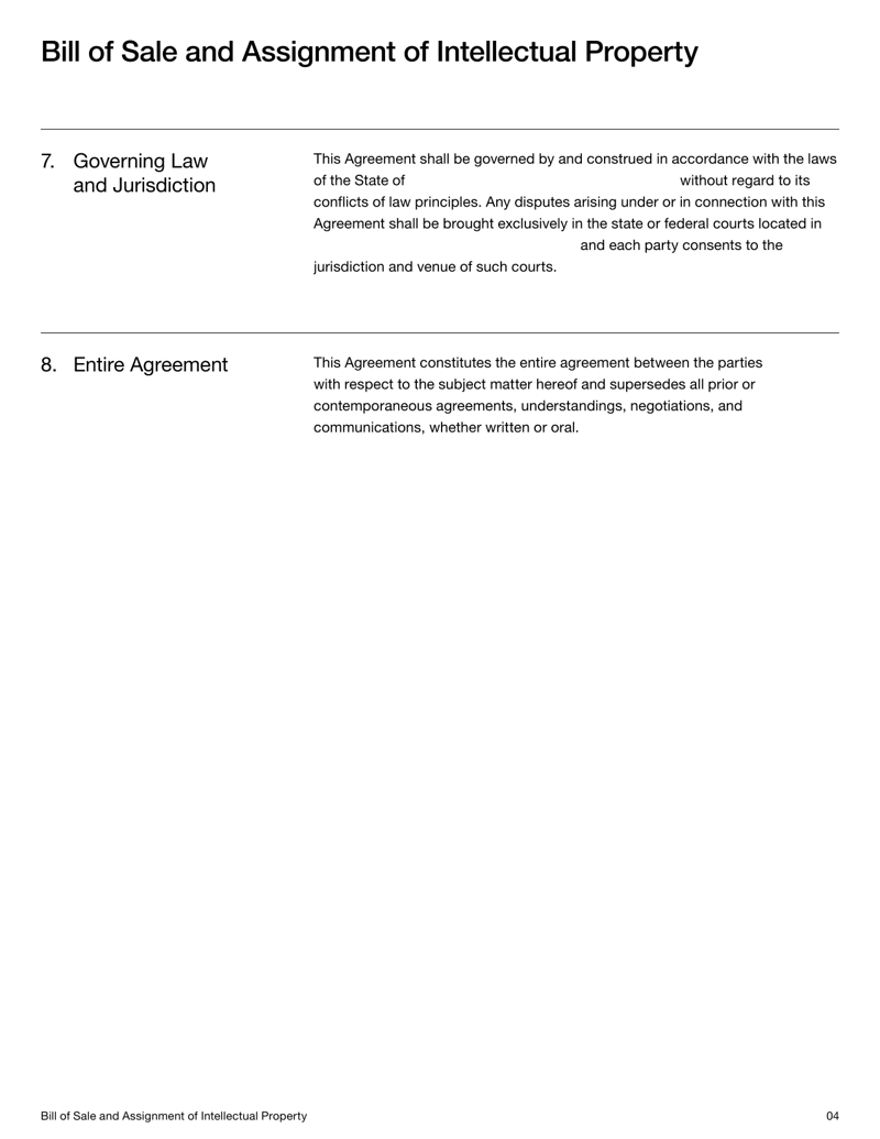 Bill of Sale for Intellectual Property template outlining the transfer of IP rights between parties