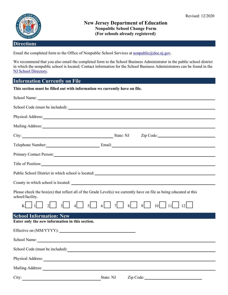 Large thumbnail of New Jersey Nonpublic School Change Form