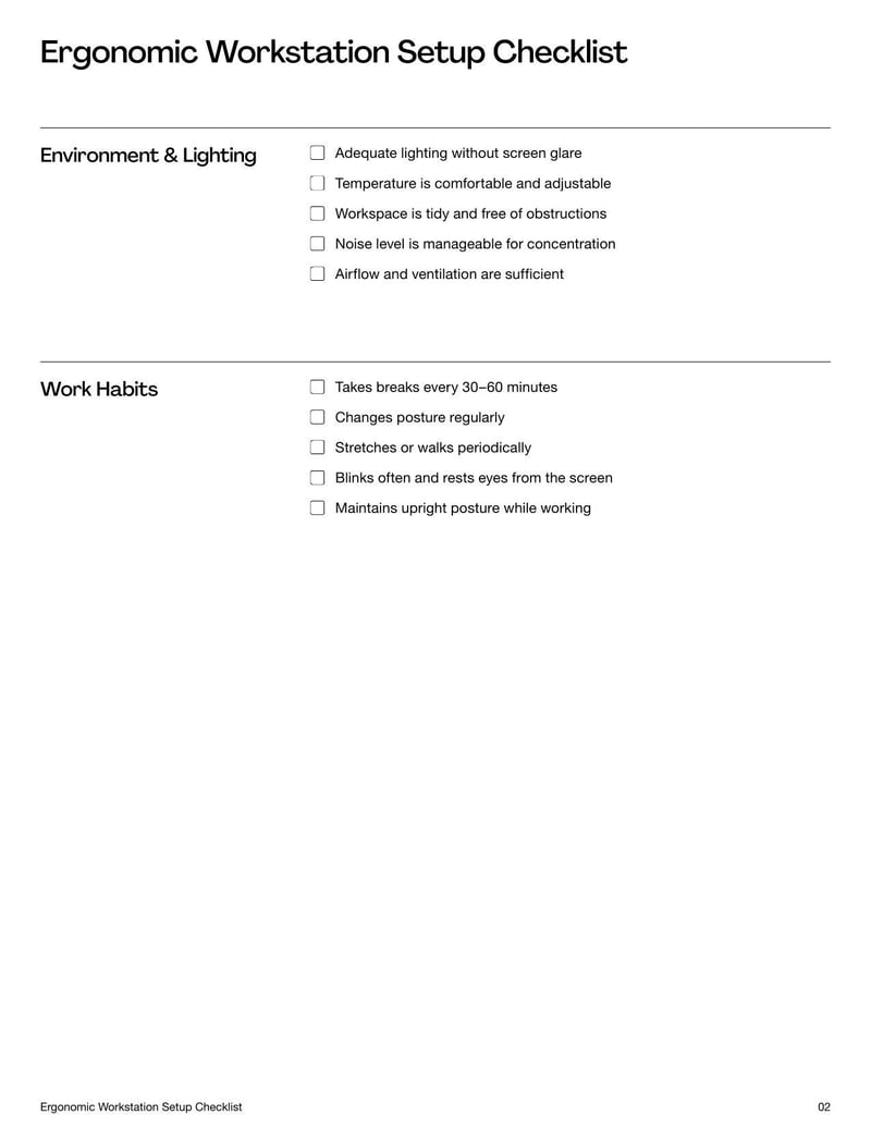 Ergonomic Workstation Setup Checklist used to ensure a comfortable and safe workspace that supports good posture and reduces strain or injury risks.