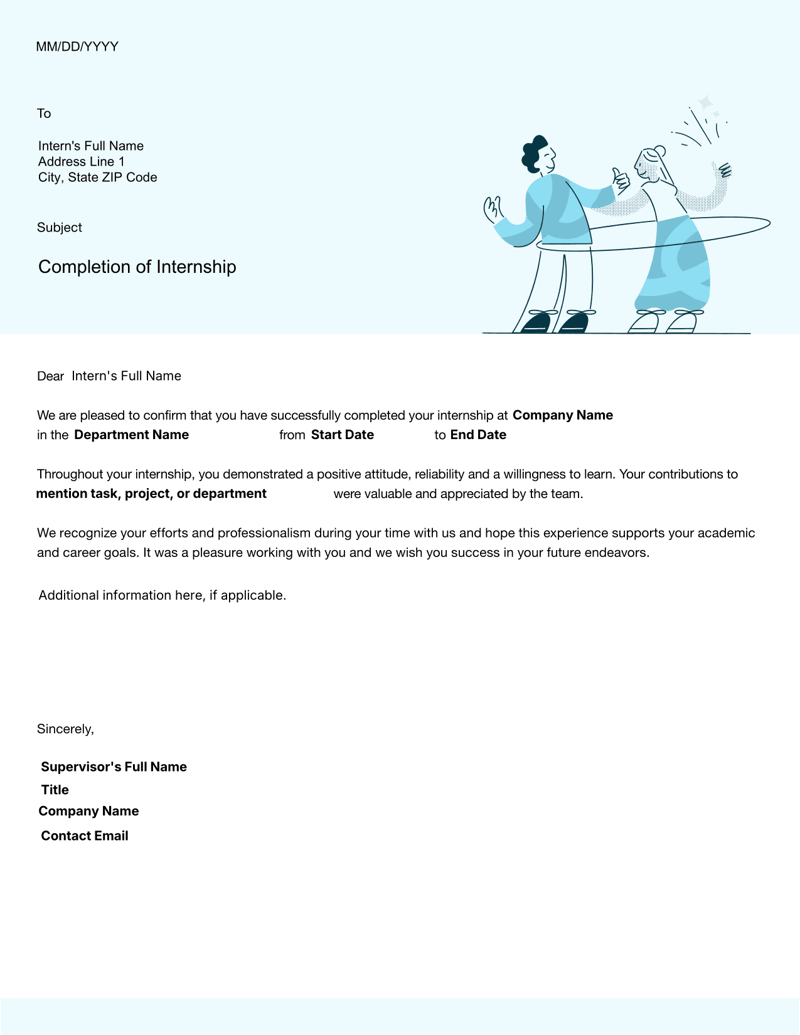 Internship Completion Letter with intern name, dates, department, supervisor remarks and company signature block