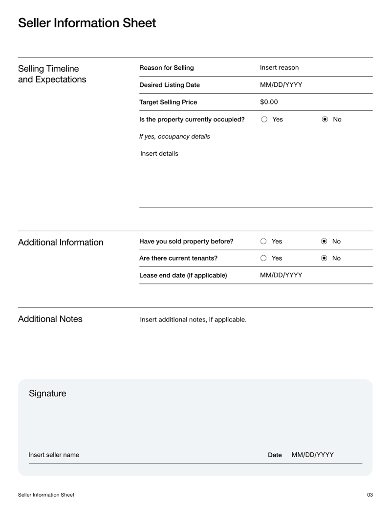 Seller Information Sheet Real Estate with sections for property details, ownership information, financial data and selling timeline