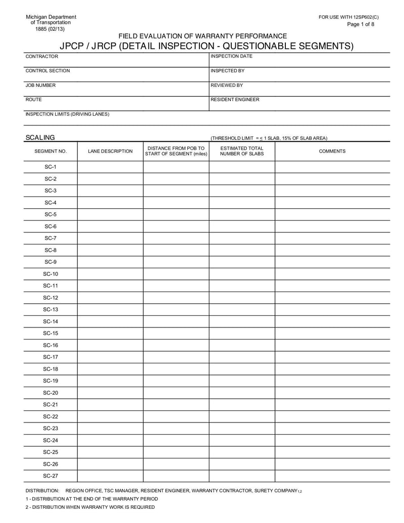 Large thumbnail of Form 1885 Field Evaluation of Warranty Performance JPCP/JRCP - Oct 2017