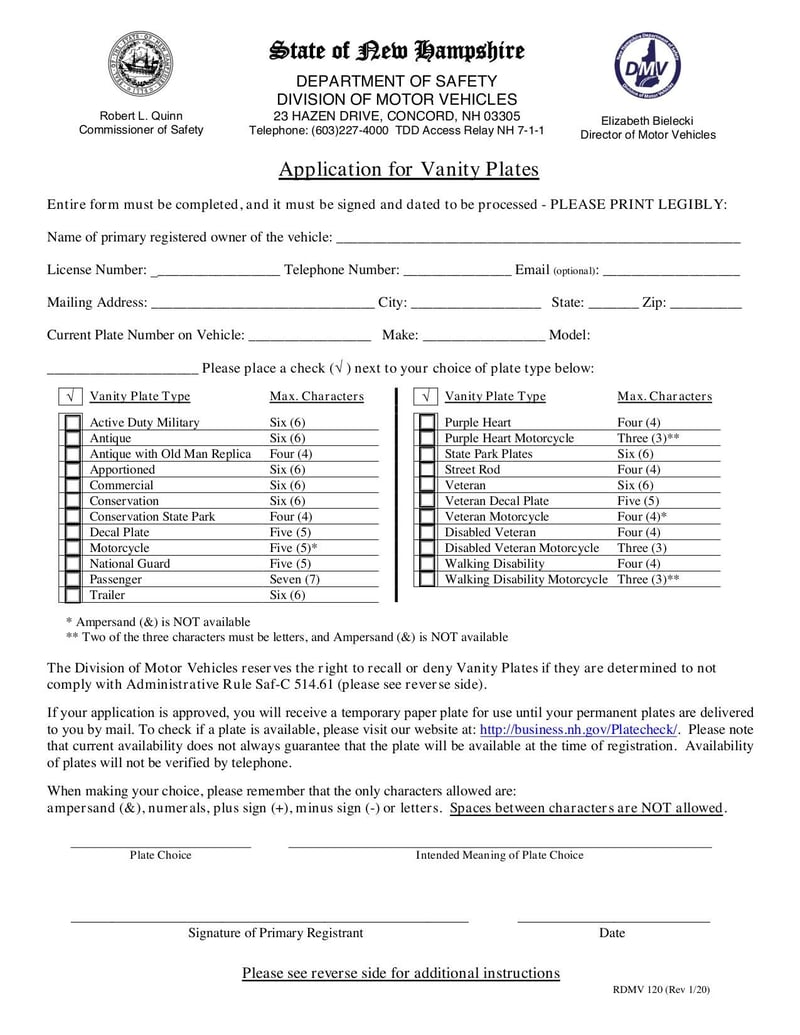 Large thumbnail of Form RDMV 120 - Jan 2020