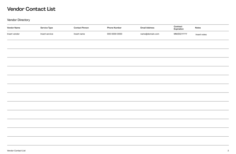 Vendor Contact List Template with sections for vendor directory, emergency contacts and company details