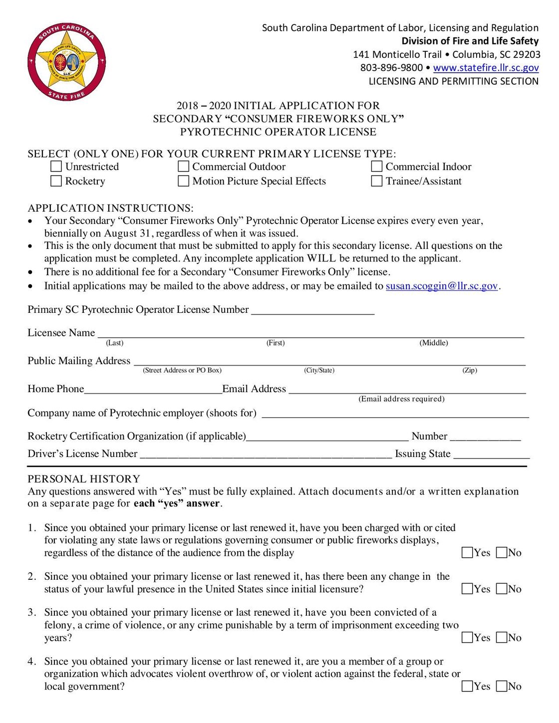 Secondary "Consumer Fireworks Only" Pyrotechnic Operator License