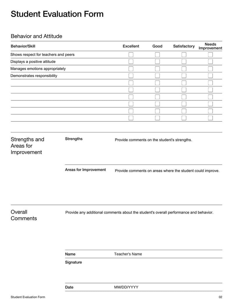 Student Evaluation Form to assess student performance and behavior