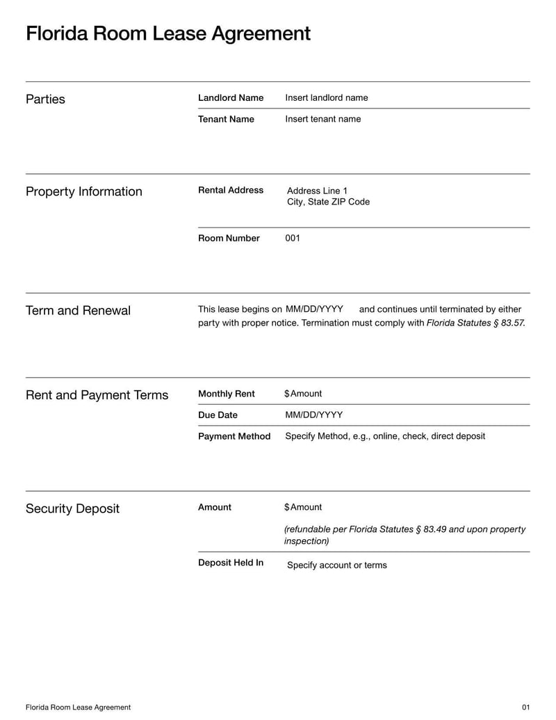 Florida Room Lease Agreement for specifying rental terms, tenant responsibilities, and use of a room within a residential property in Florida