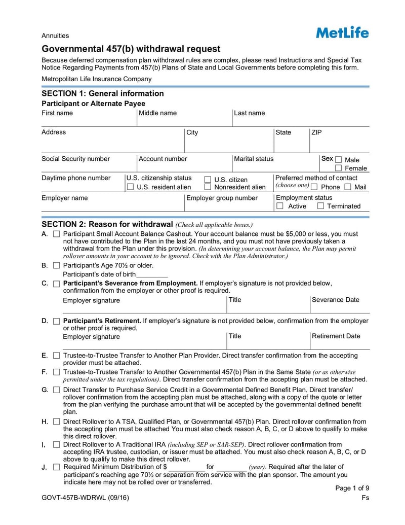 Large thumbnail of Governmental 457(B) Withdrawal Request - Oct 2016
