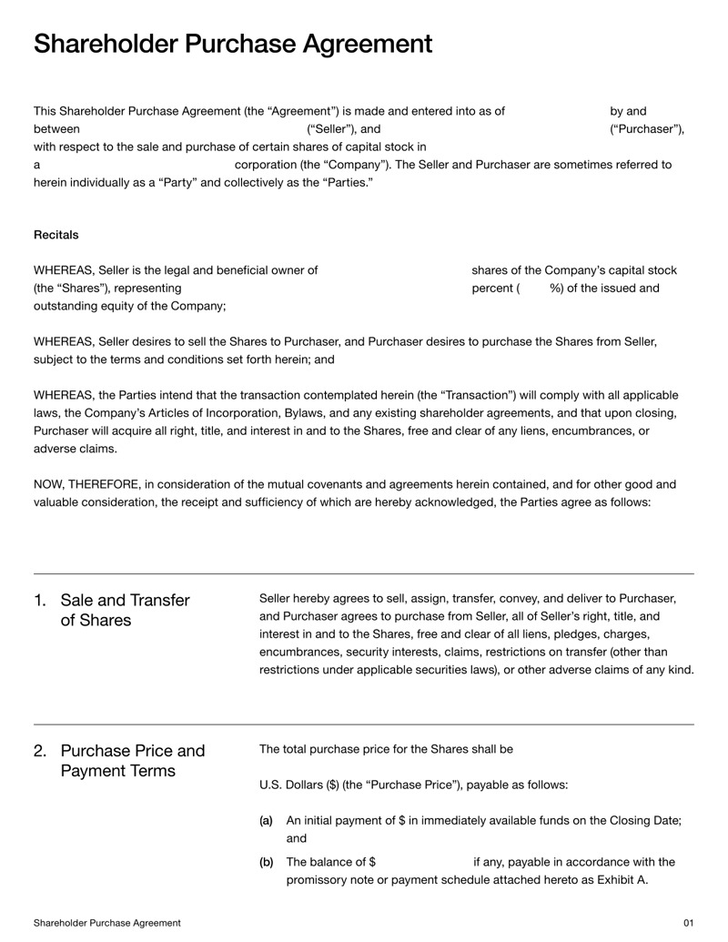 Shareholder Purchase Agreement with sections for share transfer terms, purchase price and dispute resolution