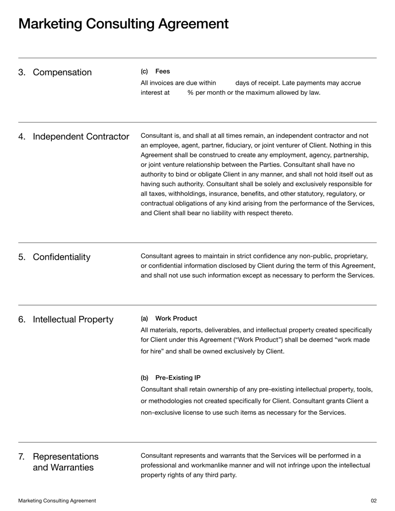 Marketing Consulting Agreement defining services, compensation, confidentiality and intellectual property terms