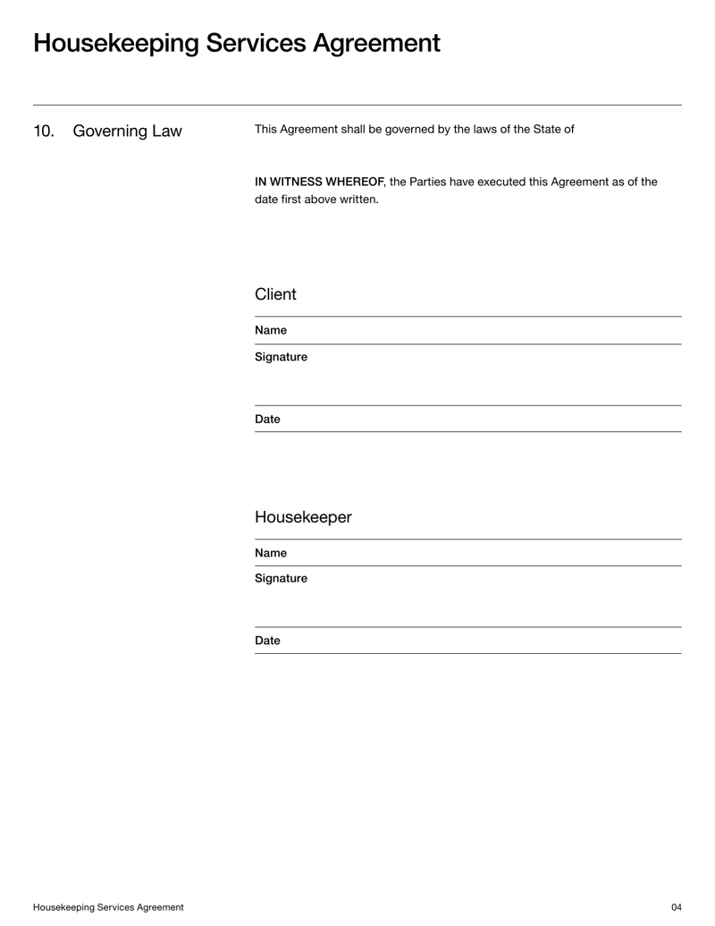 Housekeeping Contract template with sections for services, compensation and legal terms