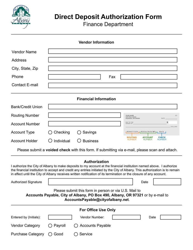 Large thumbnail of Albany Direct Deposit Authorization Form