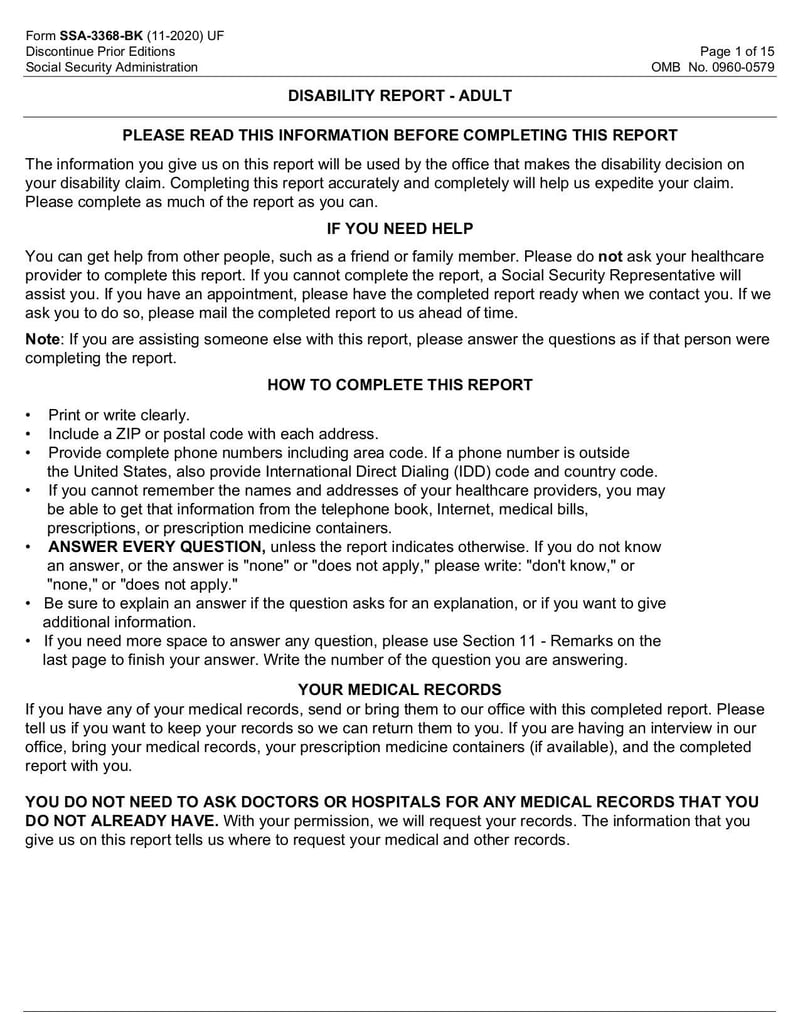 Large thumbnail of Form SSA 3368 BK - Nov 2020