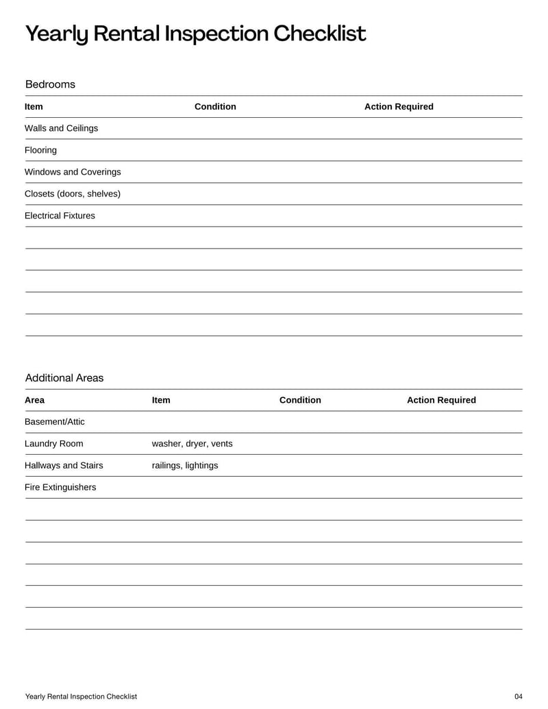 Yearly Rental Inspection Checklist for evaluating a property's condition, including structural elements, safety features, and maintenance needs