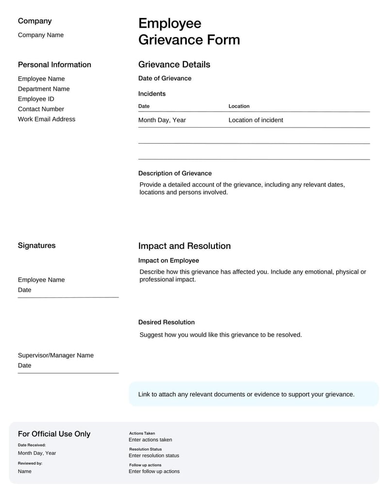 Employee Grievance Form for reporting workplace concerns, disputes, or complaints